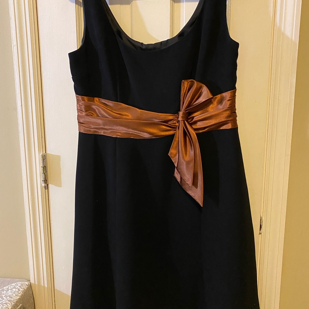 Black Jessica Howard With Burnt Sienna Bow and Sash. Lined, Flared Skirt.